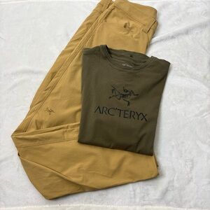 Arc’teryx Men’s Khaki Hiking Pants 32 and Olive Green Logo T-Shirt Medium
